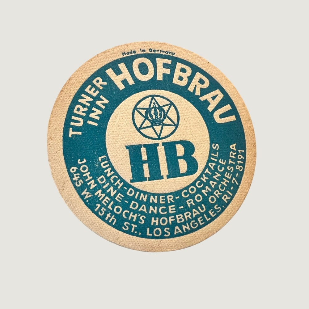 Hofbrau Beer Coaster Blue Vintage Turner Inn Los Angeles Made in Germany HB